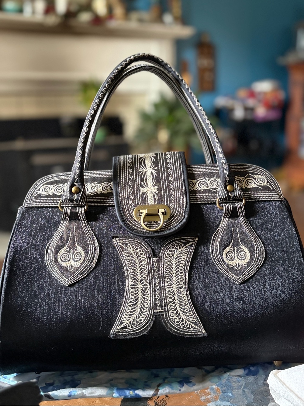 Banda? Black Embroidered Satchel with Gold-Tone Accents